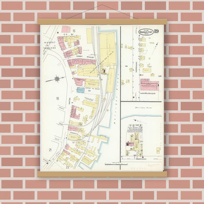 Old map wall art mockup — magnetic wood frame on brick wall — Sanborn Fire Insurance Map from Newburyport, Essex County, Massachusetts (1914), Sheet #0019