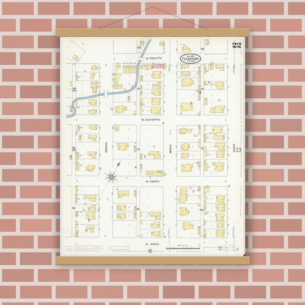 Old map wall art mockup — magnetic wood frame on brick wall — Sanborn Fire Insurance Map from Texarkana, Bowie County, Texas (1909), Sheet #0022