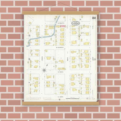 Old map wall art mockup — magnetic wood frame on brick wall — Sanborn Fire Insurance Map from Texarkana, Bowie County, Texas (1909), Sheet #0022