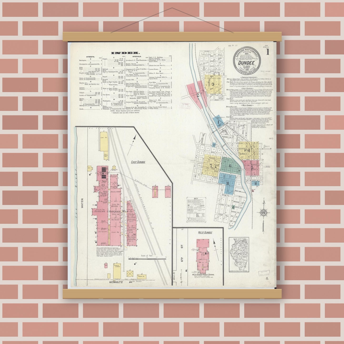 Old map wall art mockup — magnetic wood frame on brick wall — Sanborn Fire Insurance Map from Dundee, Kane County, Illinois (1912), Sheet #0001
