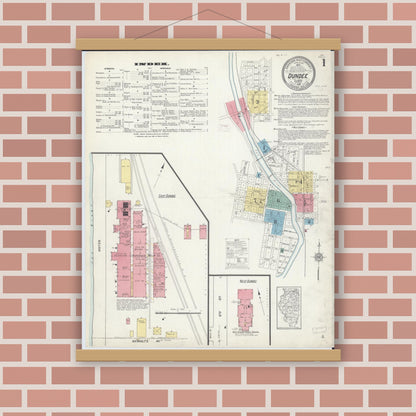 Old map wall art mockup — magnetic wood frame on brick wall — Sanborn Fire Insurance Map from Dundee, Kane County, Illinois (1912), Sheet #0001