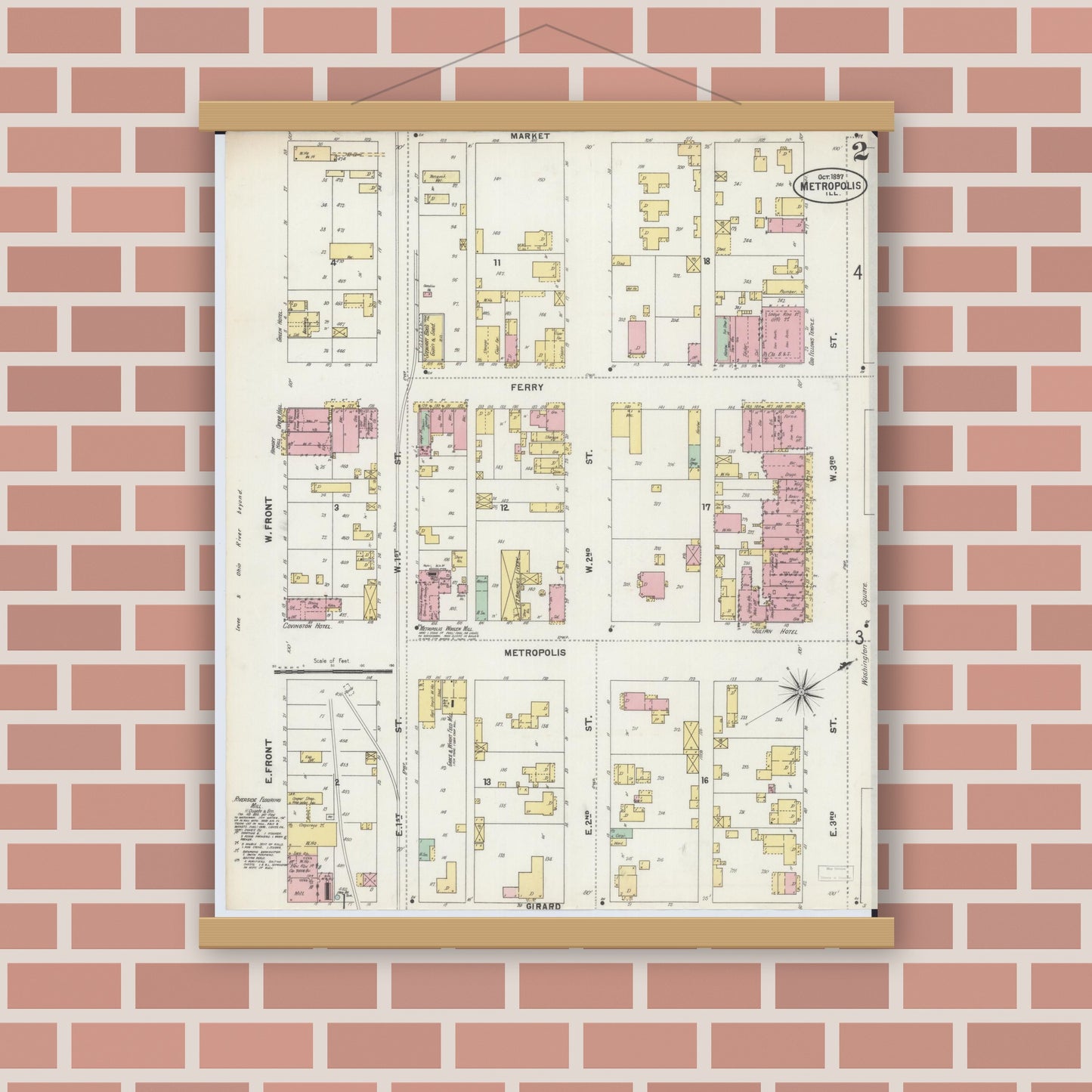 Old map wall art mockup — magnetic wood frame on brick wall — Sanborn Fire Insurance Map from Metropolis, Massac County, Illinois (1897), Sheet #0002
