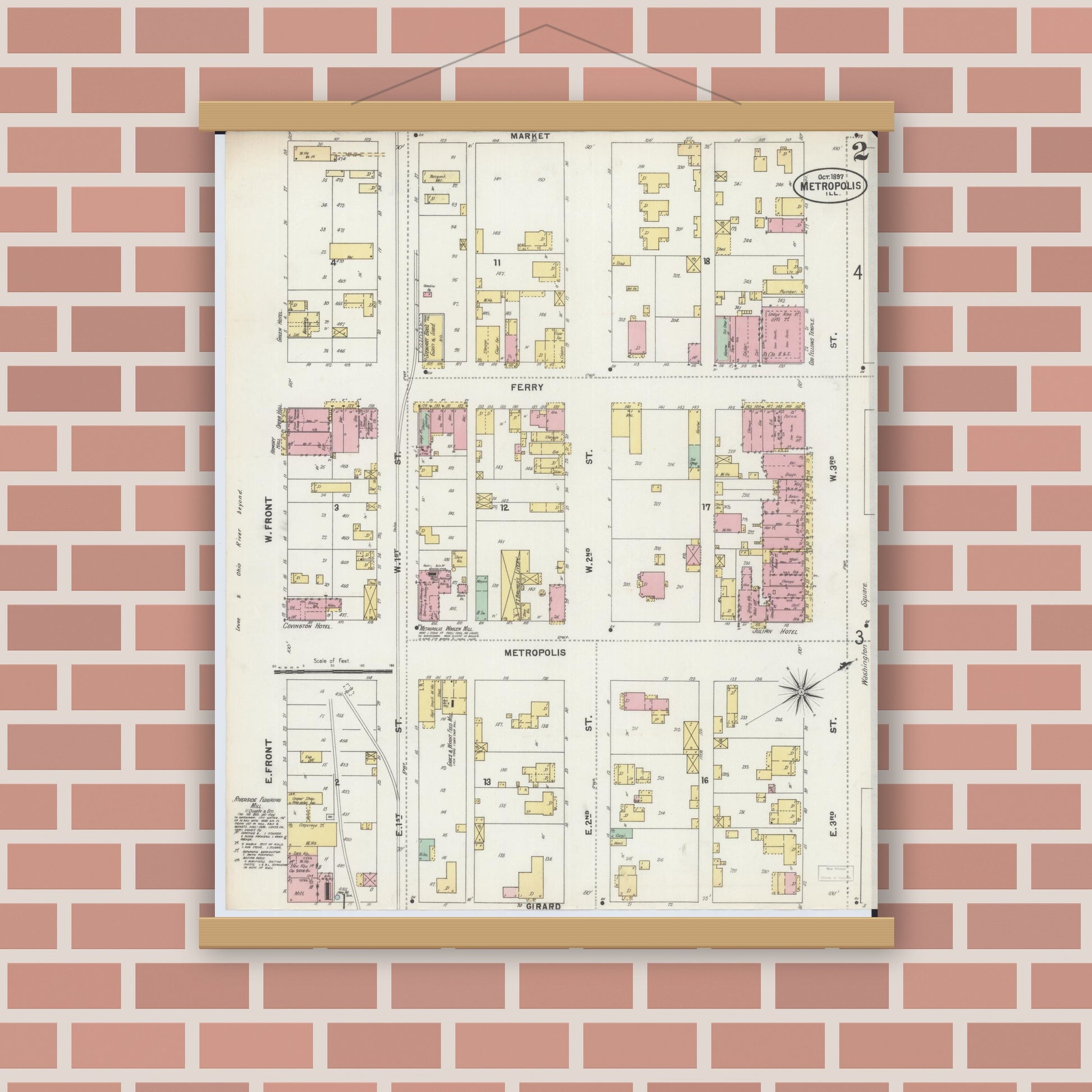 Old map wall art mockup — magnetic wood frame on brick wall — Sanborn Fire Insurance Map from Metropolis, Massac County, Illinois (1897), Sheet #0002