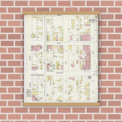 Old map wall art mockup — magnetic wood frame on brick wall — Sanborn Fire Insurance Map from Metropolis, Massac County, Illinois (1897), Sheet #0002