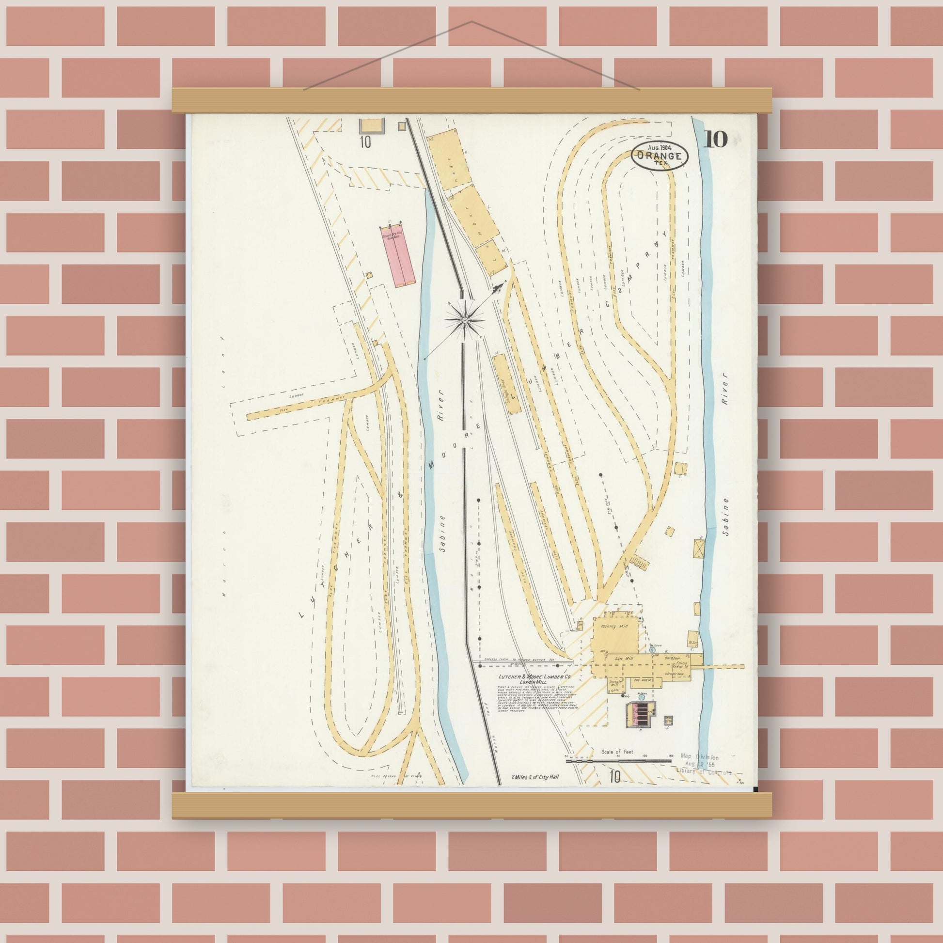 Old map wall art mockup — magnetic wood frame on brick wall — Sanborn Fire Insurance Map from Orange, Orange County, Texas (1904), Sheet #0010