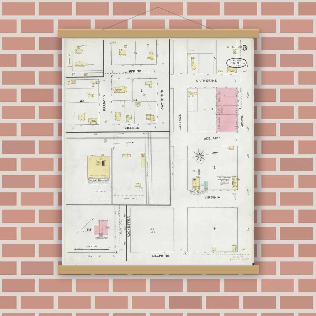 Old map wall art mockup — magnetic wood frame on brick wall — Sanborn Fire Insurance Map from Terrell, Kaufman County, Texas (1892), Sheet #0005