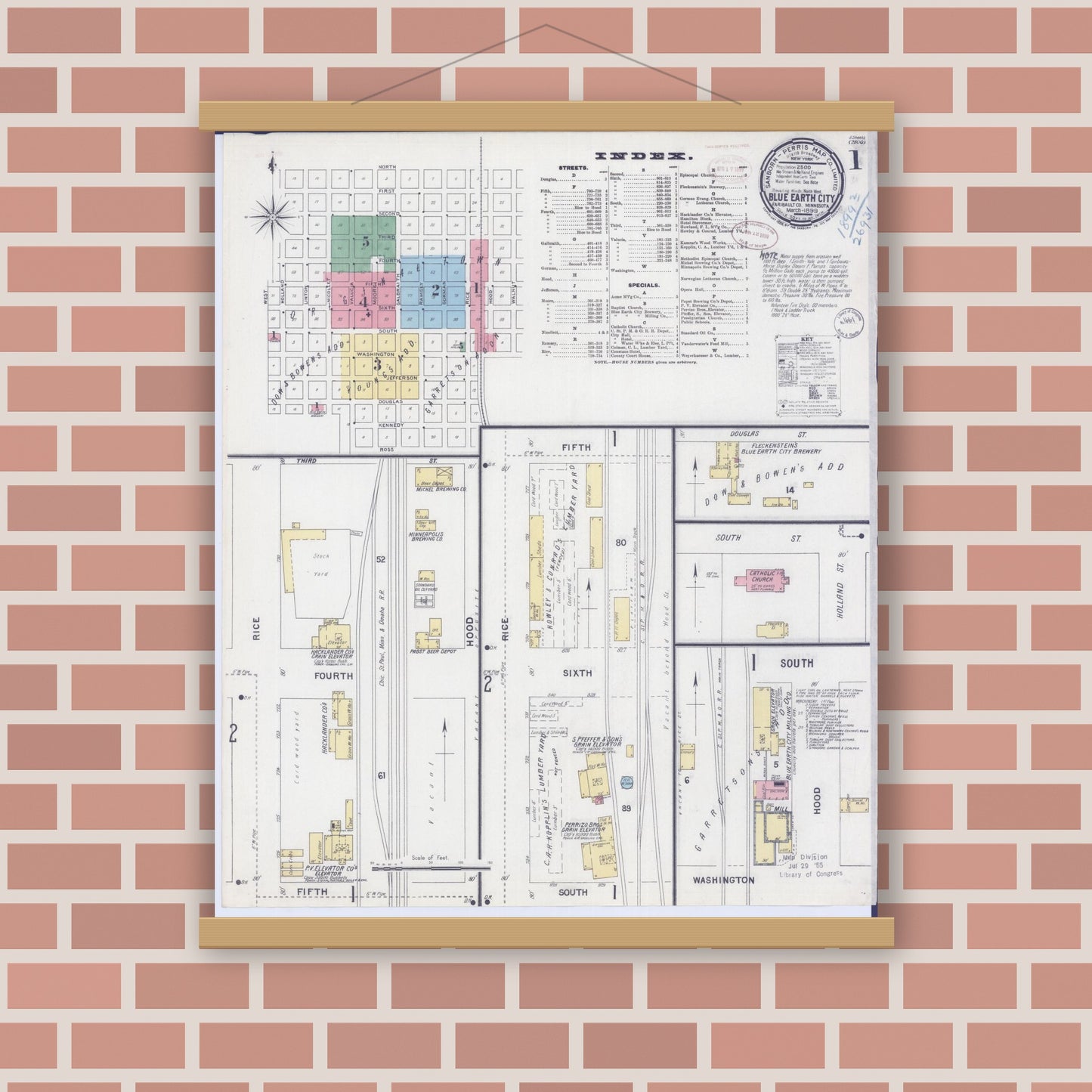 Old map wall art mockup — magnetic wood frame on brick wall — Sanborn Fire Insurance Map from Blue Earth, Faribault County, Minnesota (1899), Sheet #0001