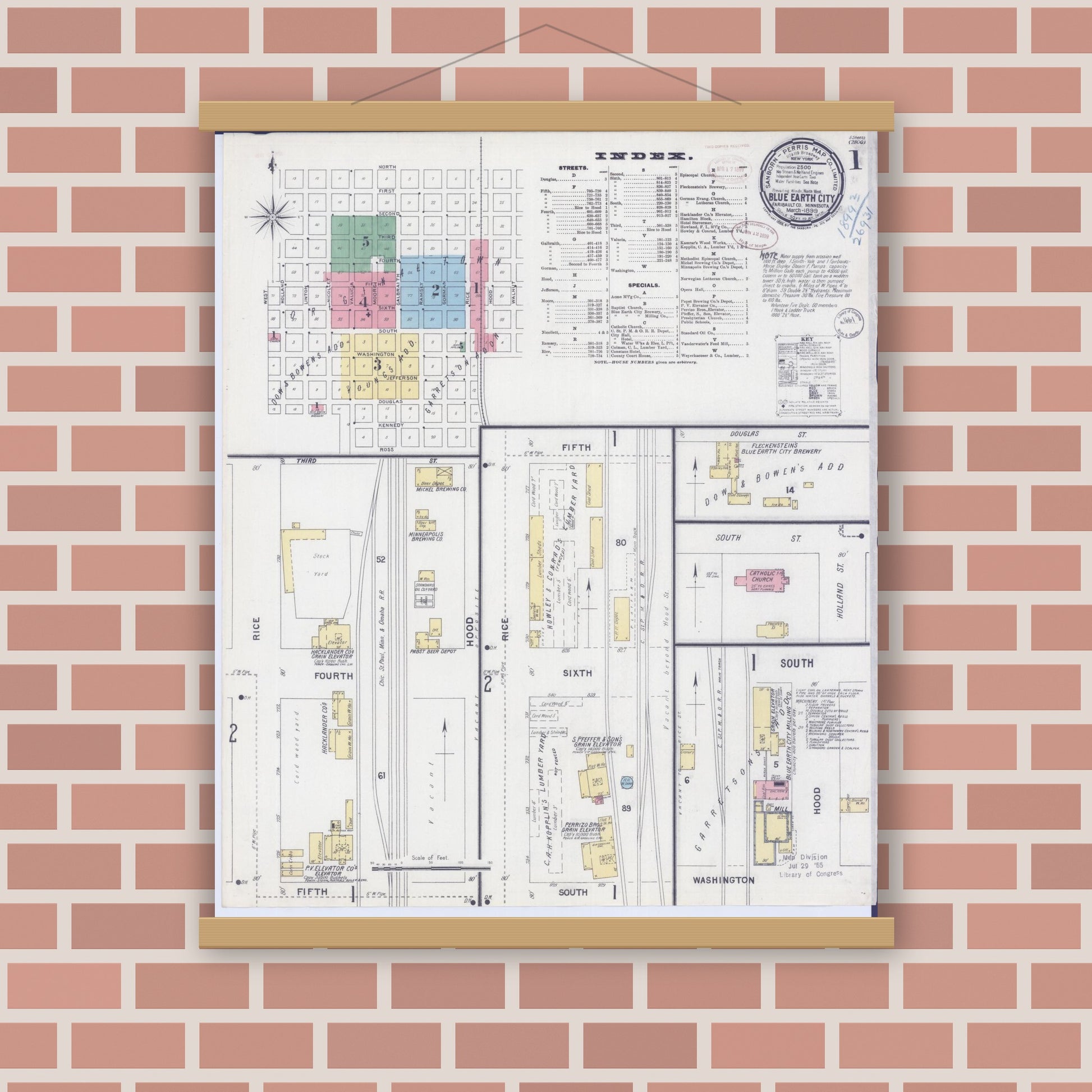 Old map wall art mockup — magnetic wood frame on brick wall — Sanborn Fire Insurance Map from Blue Earth, Faribault County, Minnesota (1899), Sheet #0001