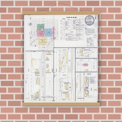 Old map wall art mockup — magnetic wood frame on brick wall — Sanborn Fire Insurance Map from Blue Earth, Faribault County, Minnesota (1899), Sheet #0001