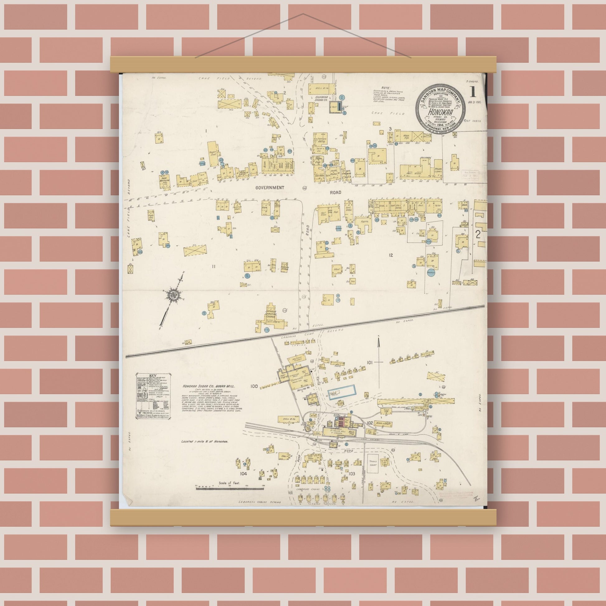 Old map wall art mockup — magnetic wood frame on brick wall — Sanborn Fire Insurance Map from Honokaa, Hawaii County, Hawaii (1914), Sheet #0001