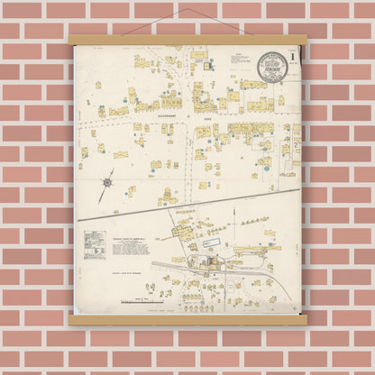 Old map wall art mockup — magnetic wood frame on brick wall — Sanborn Fire Insurance Map from Honokaa, Hawaii County, Hawaii (1914), Sheet #0001