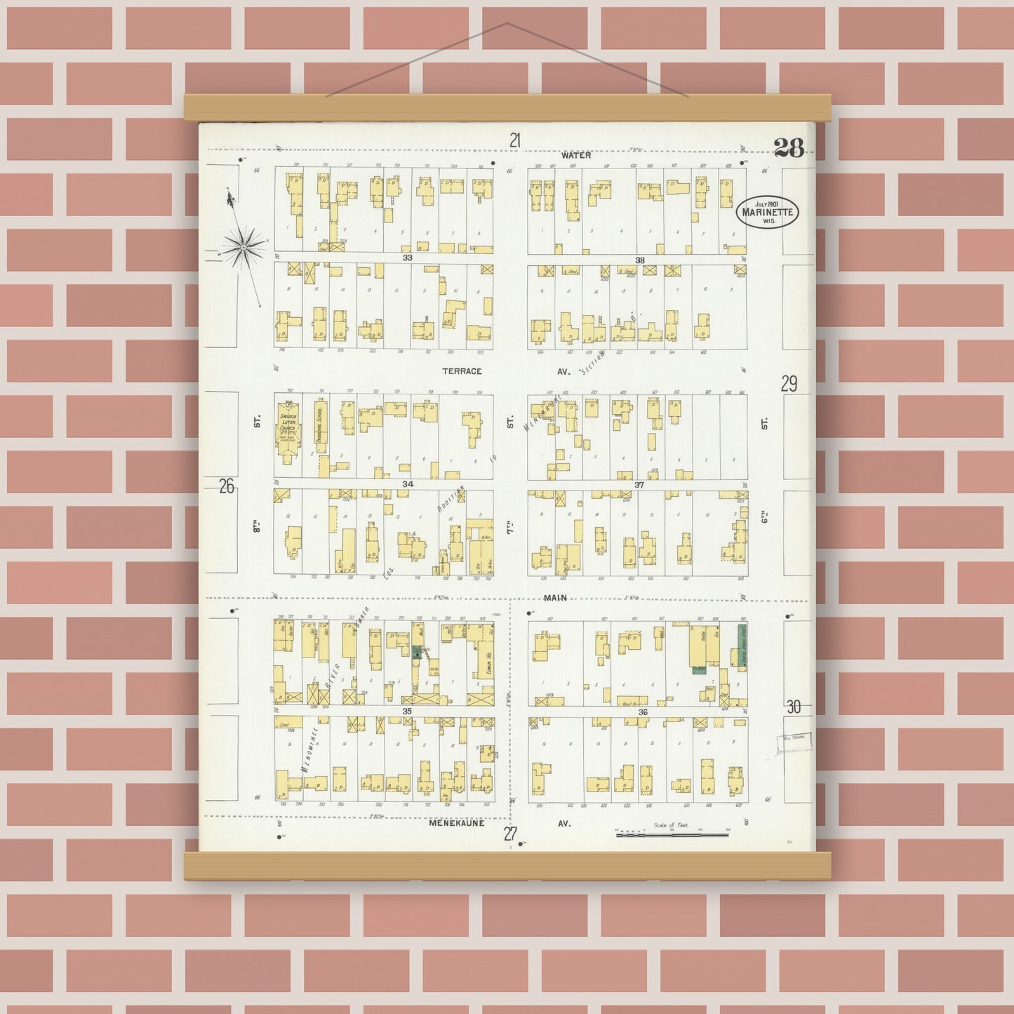 Old map wall art mockup — magnetic wood frame on brick wall — Sanborn Fire Insurance Map from Marinette, Marinette County, Wisconsin (1901), Sheet #0028
