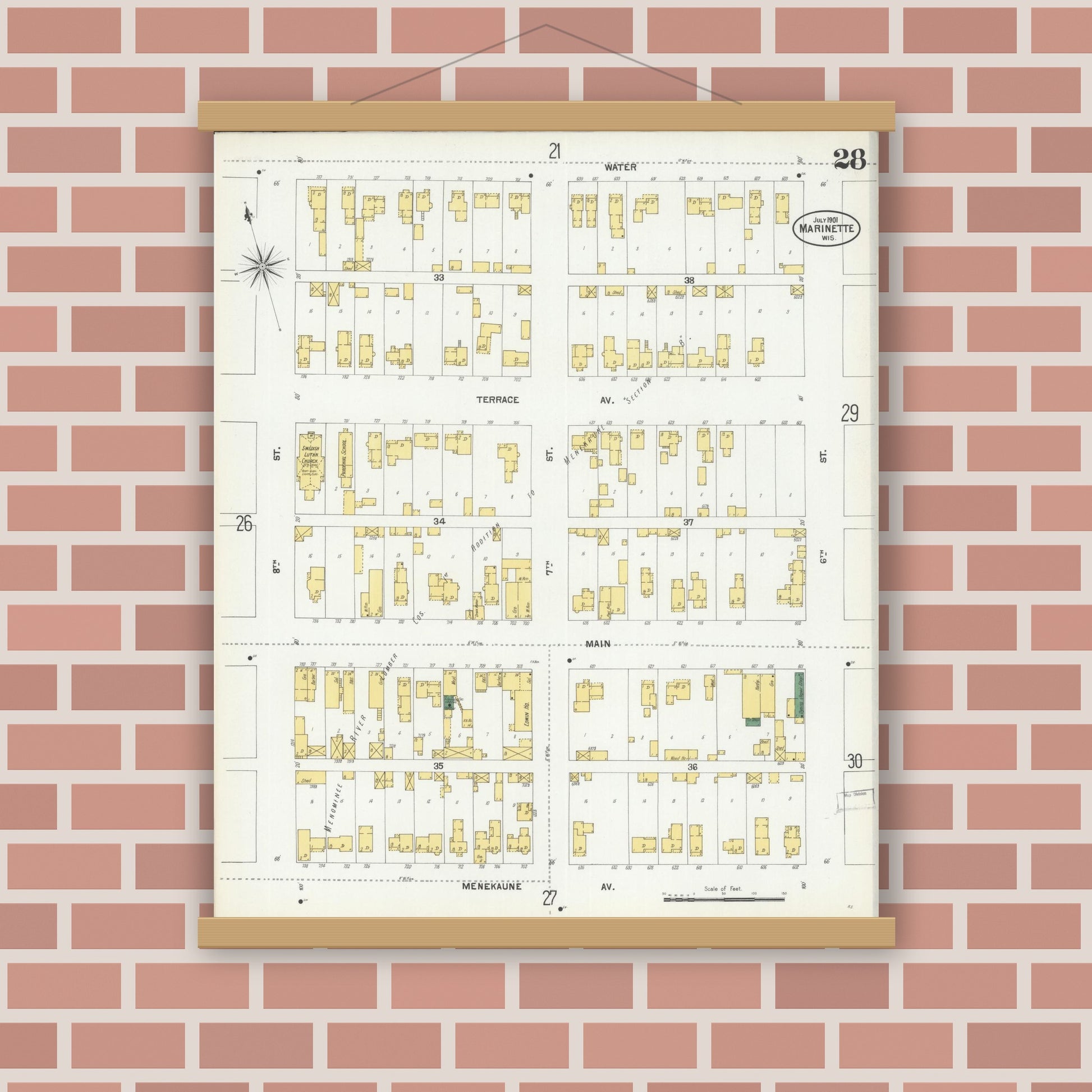 Old map wall art mockup — magnetic wood frame on brick wall — Sanborn Fire Insurance Map from Marinette, Marinette County, Wisconsin (1901), Sheet #0028