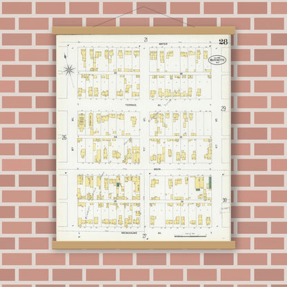 Old map wall art mockup — magnetic wood frame on brick wall — Sanborn Fire Insurance Map from Marinette, Marinette County, Wisconsin (1901), Sheet #0028