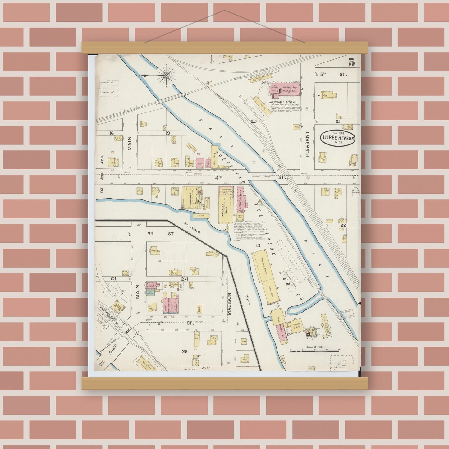 Old map wall art mockup — magnetic wood frame on brick wall — Sanborn Fire Insurance Map from Three Rivers, Saint Joseph County, Michigan (1888), Sheet #0005