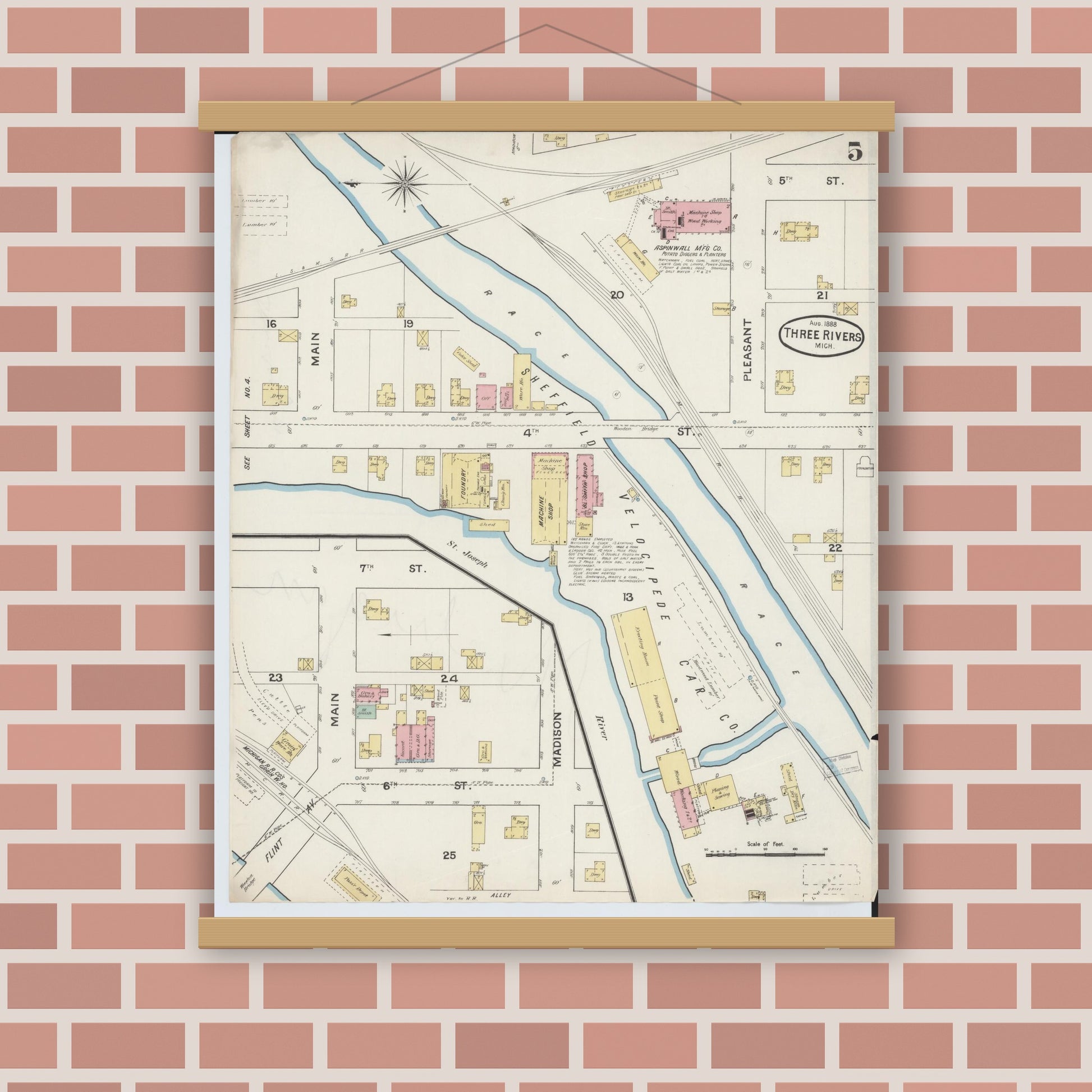 Old map wall art mockup — magnetic wood frame on brick wall — Sanborn Fire Insurance Map from Three Rivers, Saint Joseph County, Michigan (1888), Sheet #0005
