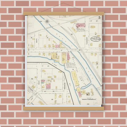 Old map wall art mockup — magnetic wood frame on brick wall — Sanborn Fire Insurance Map from Three Rivers, Saint Joseph County, Michigan (1888), Sheet #0005