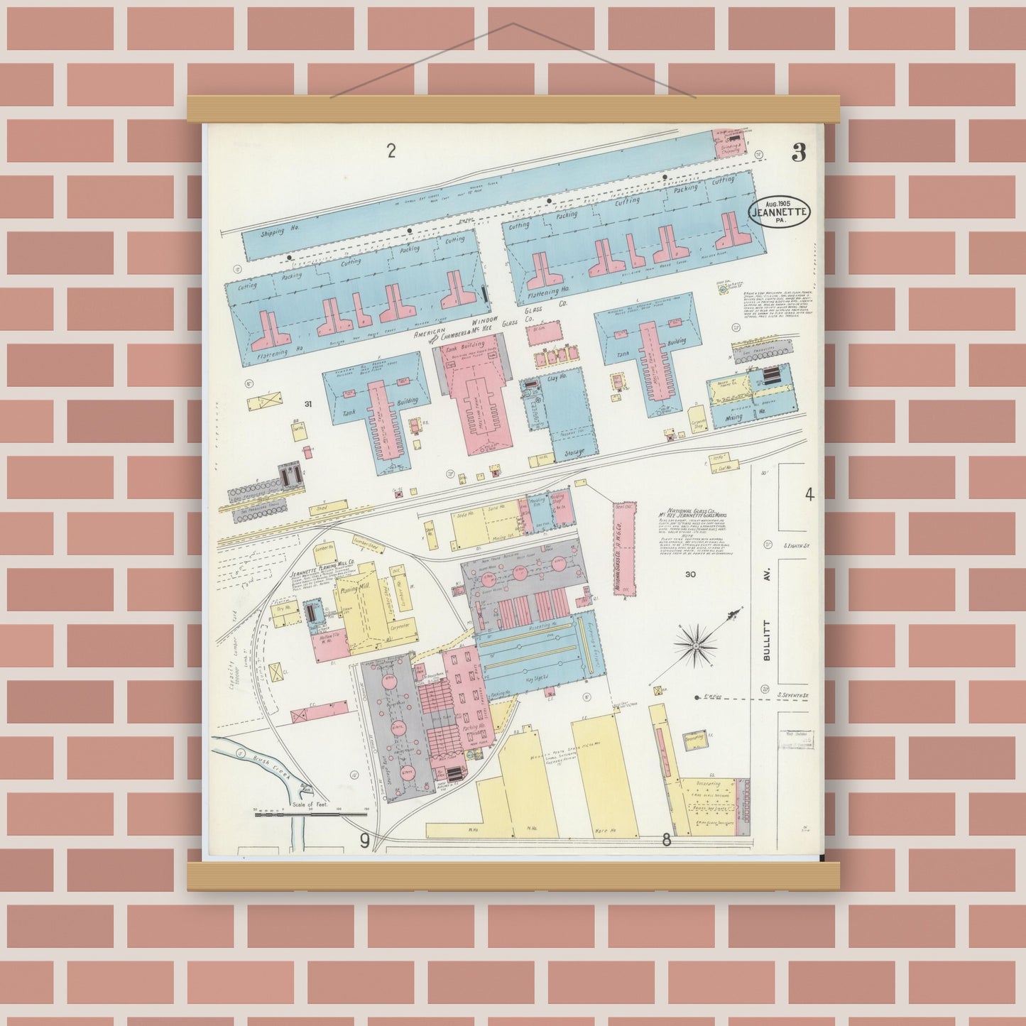 Old map wall art mockup — magnetic wood frame on brick wall — Sanborn Fire Insurance Map from Jeannette, Westmoreland County, Pennsylvania (1905), Sheet #0003