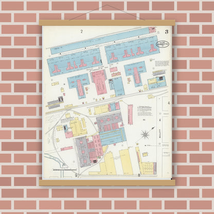 Old map wall art mockup — magnetic wood frame on brick wall — Sanborn Fire Insurance Map from Jeannette, Westmoreland County, Pennsylvania (1905), Sheet #0003