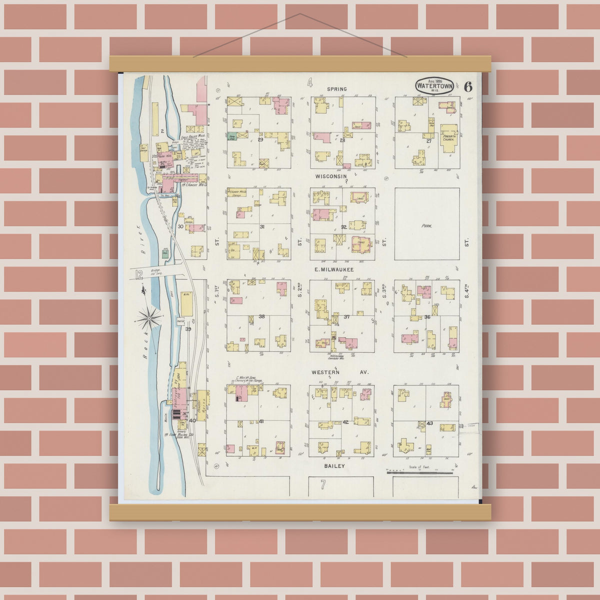 Old map wall art mockup — magnetic wood frame on brick wall — Sanborn Fire Insurance Map from Watertown, Jefferson County, Wisconsin (1895), Sheet #0006