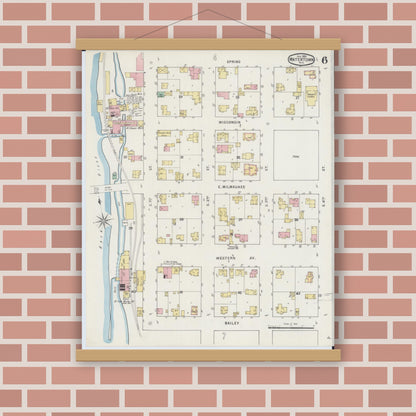 Old map wall art mockup — magnetic wood frame on brick wall — Sanborn Fire Insurance Map from Watertown, Jefferson County, Wisconsin (1895), Sheet #0006