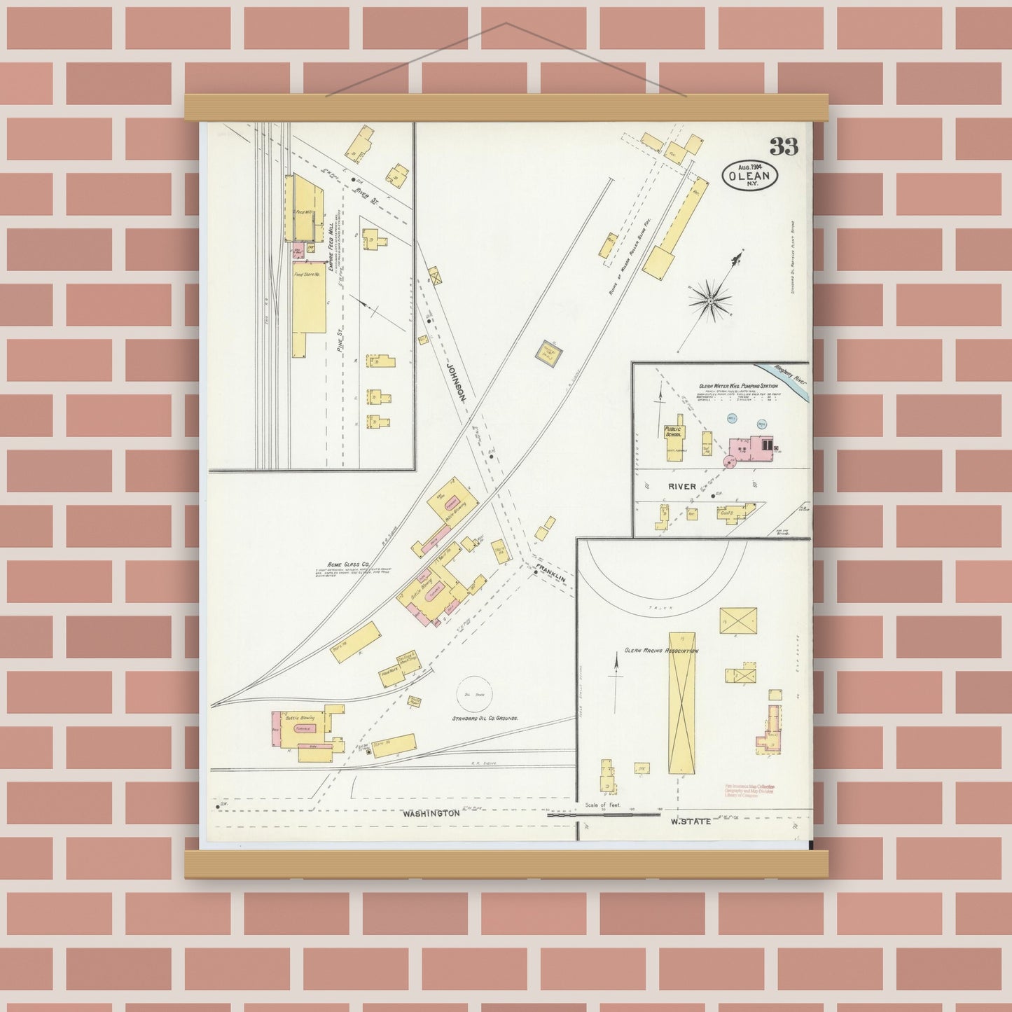 Old map wall art mockup — magnetic wood frame on brick wall — Sanborn Fire Insurance Map from Olean, Cattaraugus County, New York (1904), Sheet #0033