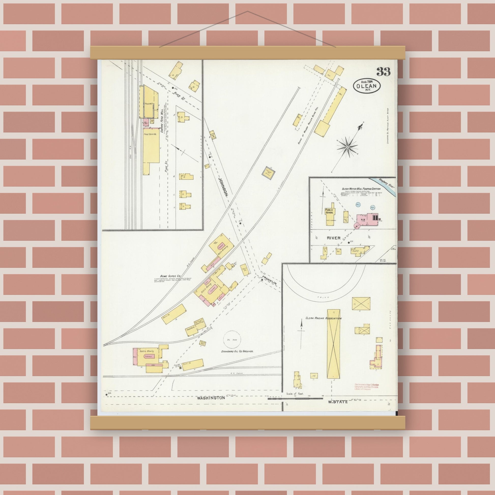Old map wall art mockup — magnetic wood frame on brick wall — Sanborn Fire Insurance Map from Olean, Cattaraugus County, New York (1904), Sheet #0033