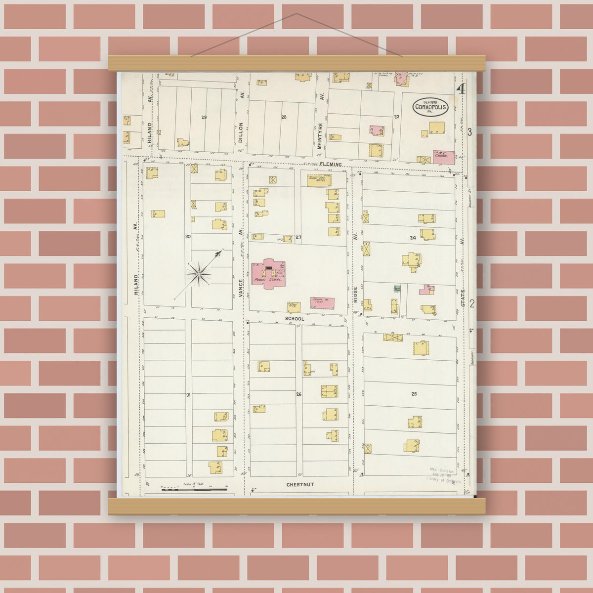 Old map wall art mockup — magnetic wood frame on brick wall — Sanborn Fire Insurance Map from Coraopolis, Allegheny County, Pennsylvania (1898), Sheet #0004