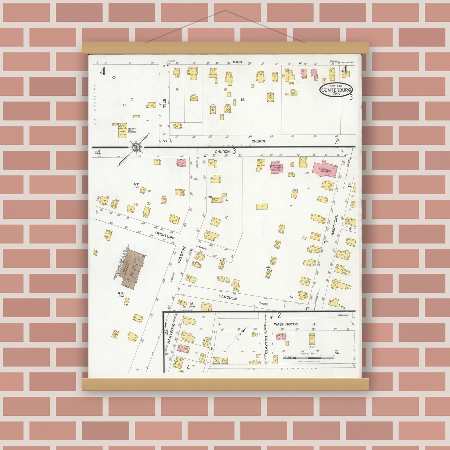 Old map wall art mockup — magnetic wood frame on brick wall — Sanborn Fire Insurance Map from Centerburg, Knox County, Ohio (1926), Sheet #0004