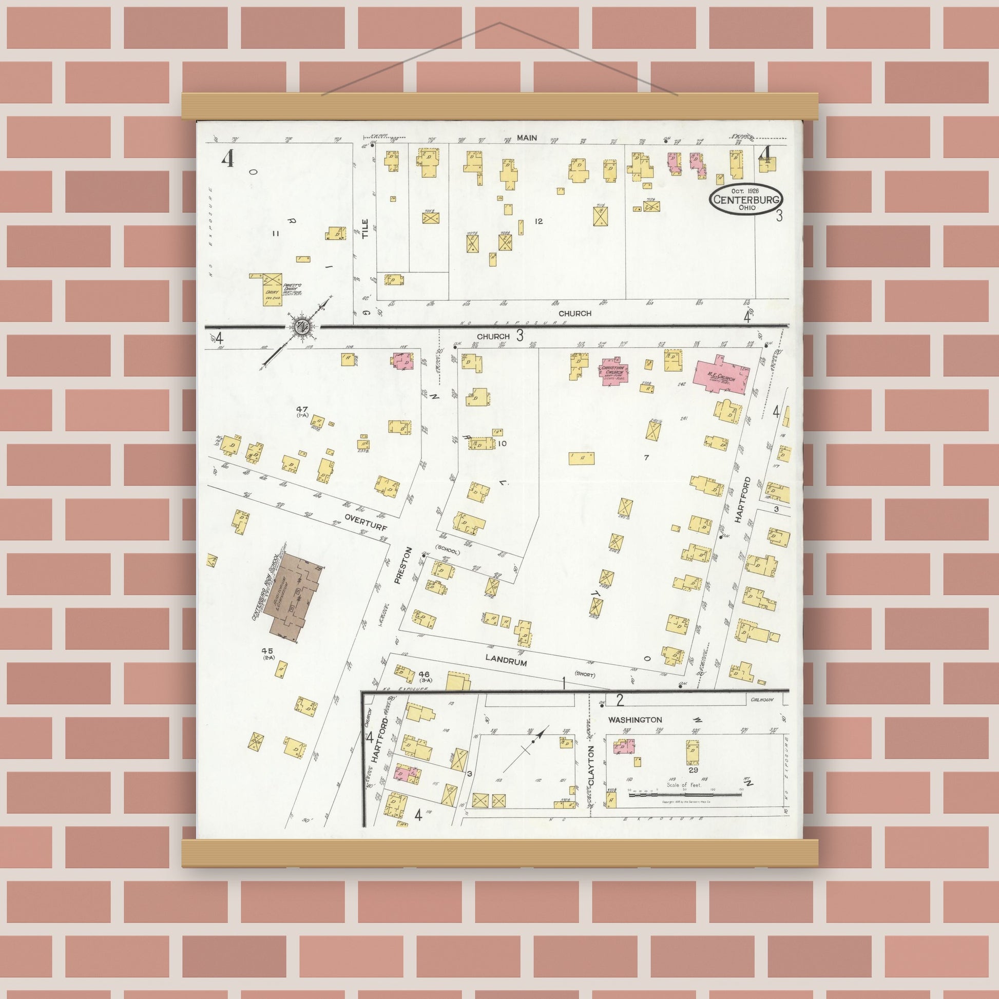 Old map wall art mockup — magnetic wood frame on brick wall — Sanborn Fire Insurance Map from Centerburg, Knox County, Ohio (1926), Sheet #0004