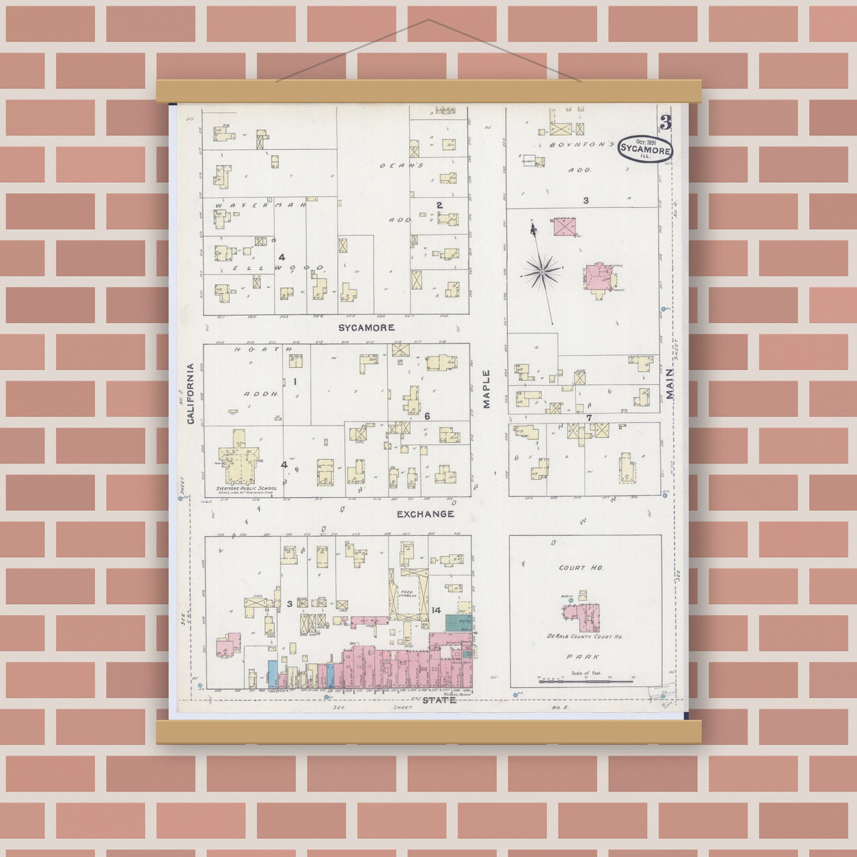 Old map wall art mockup — magnetic wood frame on brick wall — Sanborn Fire Insurance Map from Sycamore, De Kalb County, Illinois (1891), Sheet #0003