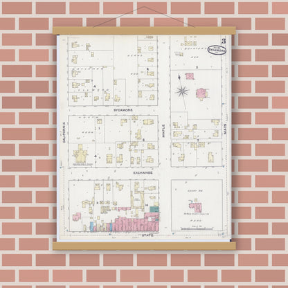 Old map wall art mockup — magnetic wood frame on brick wall — Sanborn Fire Insurance Map from Sycamore, De Kalb County, Illinois (1891), Sheet #0003