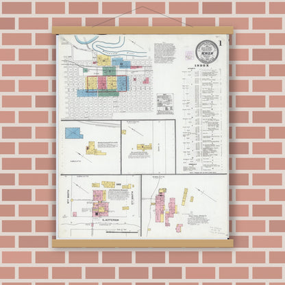 Old map wall art mockup — magnetic wood frame on brick wall — Sanborn Fire Insurance Map from New Ulm, Brown County, Minnesota (1905), Sheet #0001