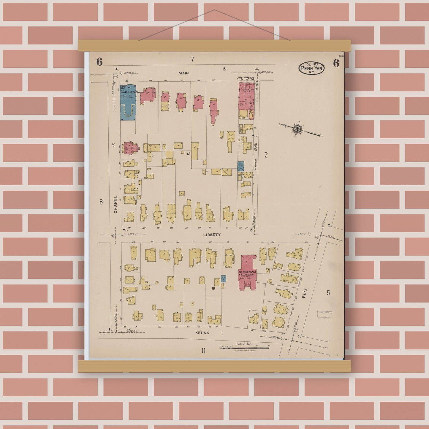 Old map wall art mockup — magnetic wood frame on brick wall — Sanborn Fire Insurance Map from Penn Yan, Yates County, New York (1922), Sheet #0006