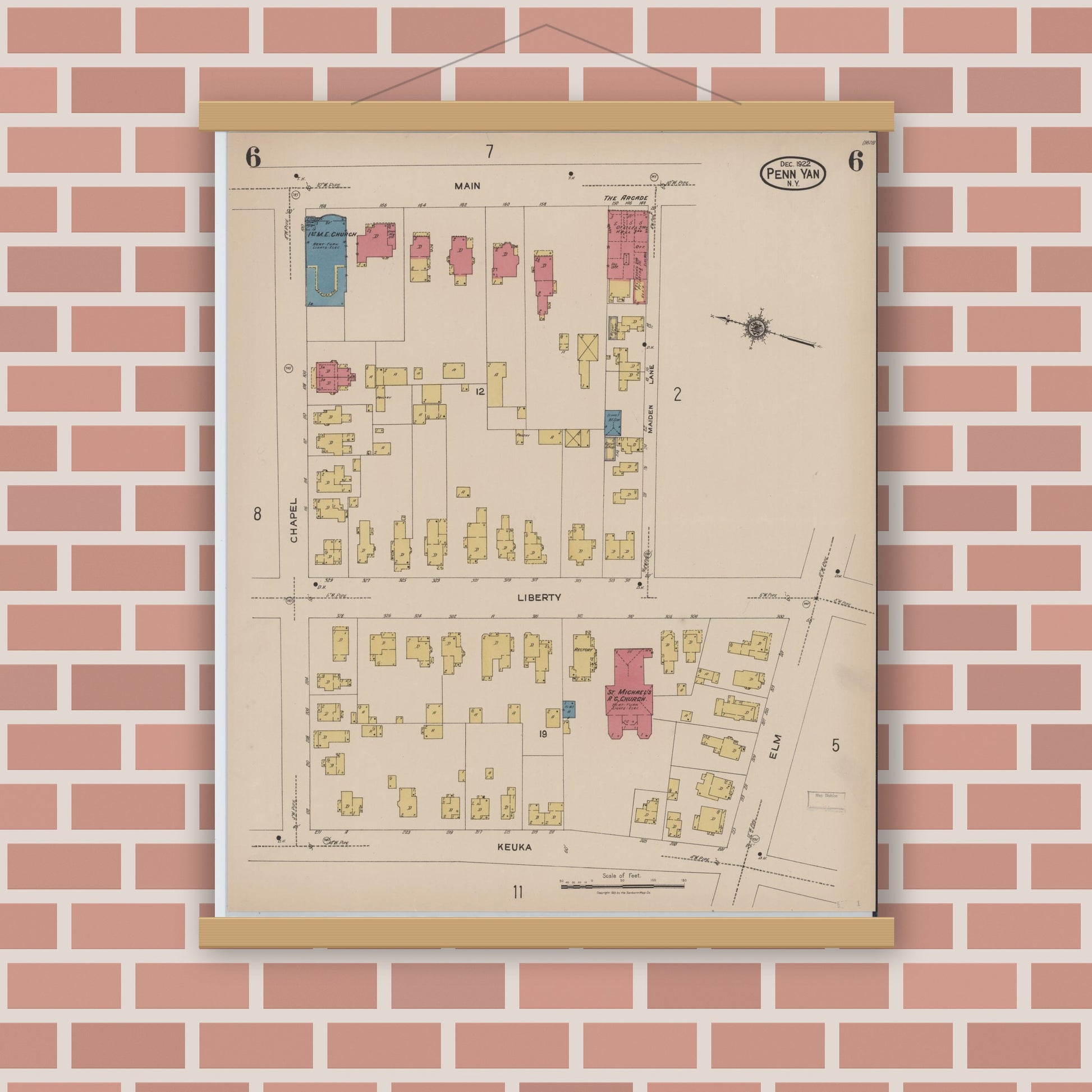 Old map wall art mockup — magnetic wood frame on brick wall — Sanborn Fire Insurance Map from Penn Yan, Yates County, New York (1922), Sheet #0006