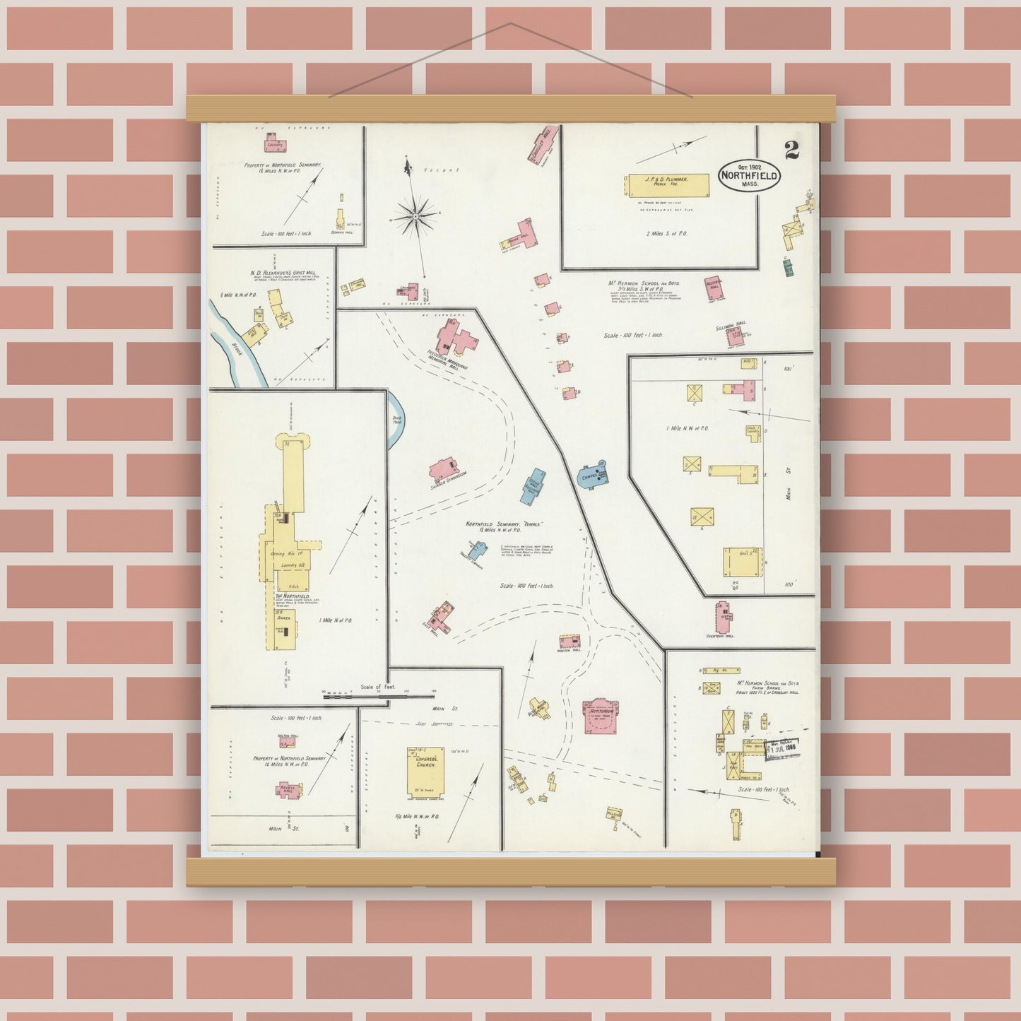 Old map wall art mockup — magnetic wood frame on brick wall — Sanborn Fire Insurance Map from Northfield, Franklin County, Massachusetts (1902), Sheet #0002