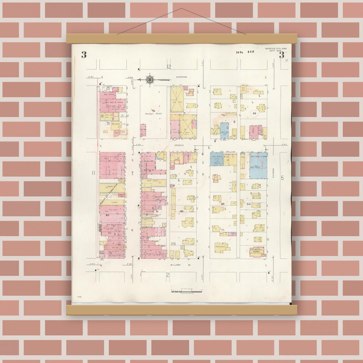 Old map wall art mockup — magnetic wood frame on brick wall — Sanborn Fire Insurance Map from Webster City, Hamilton County, Iowa (1950), Sheet #0003