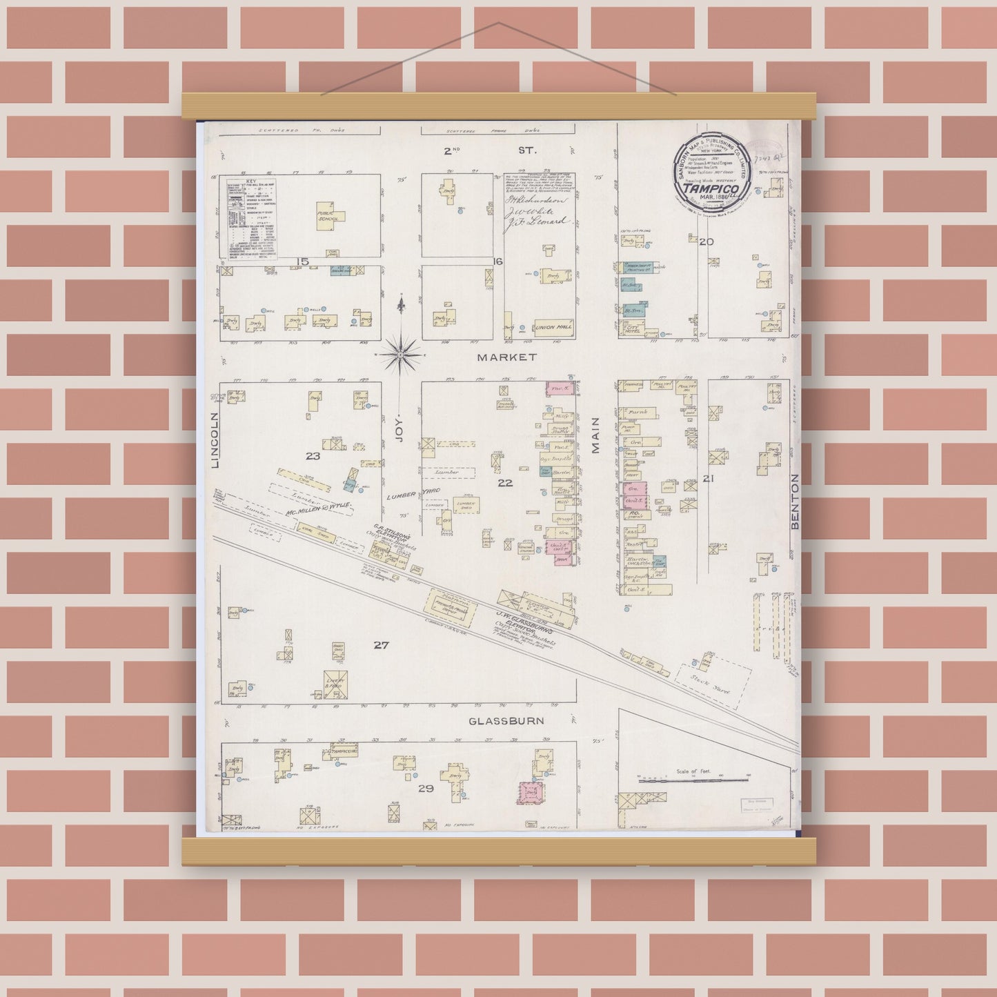 Old map wall art mockup — magnetic wood frame on brick wall — Sanborn Fire Insurance Map from Tampico, Whiteside County, Illinois (1886), Sheet #0001