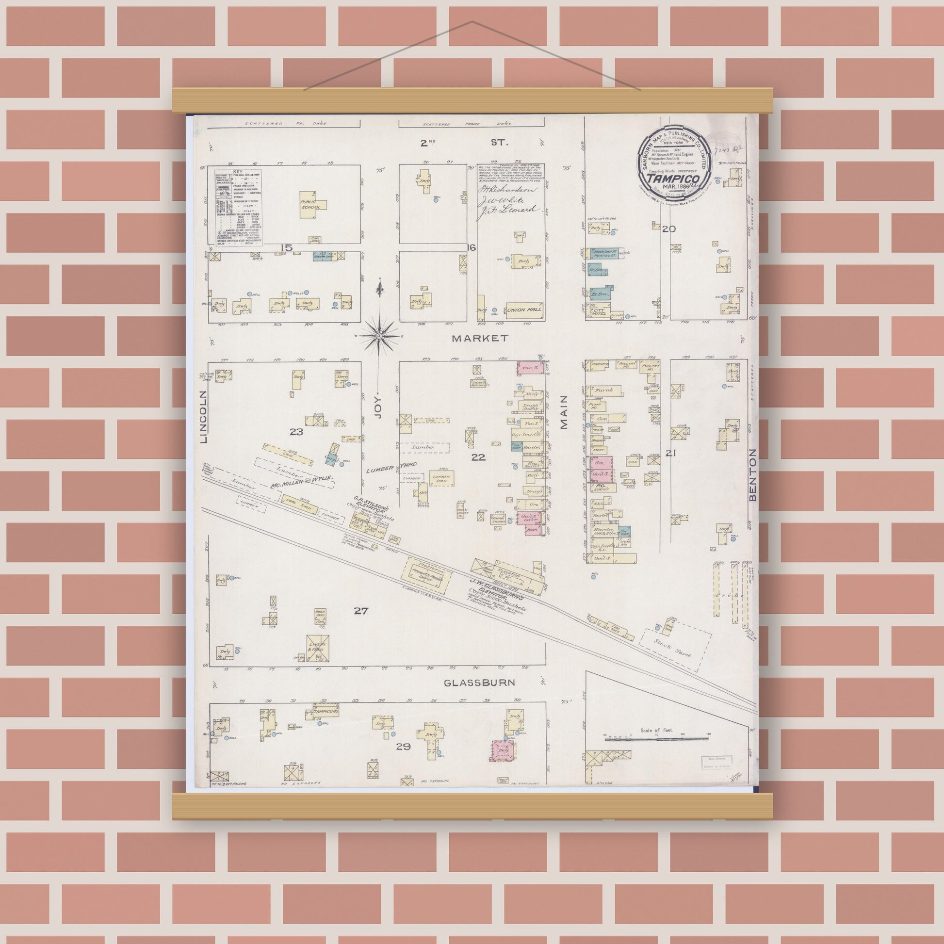 Old map wall art mockup — magnetic wood frame on brick wall — Sanborn Fire Insurance Map from Tampico, Whiteside County, Illinois (1886), Sheet #0001