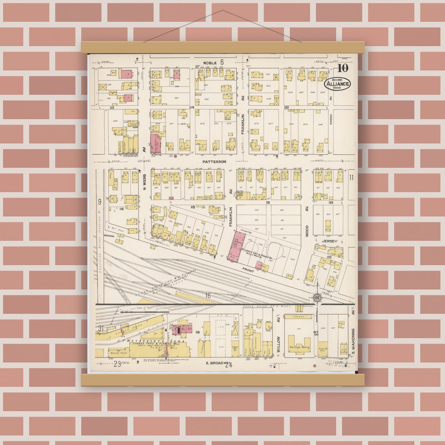 Old map wall art mockup — magnetic wood frame on brick wall — Sanborn Fire Insurance Map from Alliance, Stark County, Ohio (1921), Sheet #0010