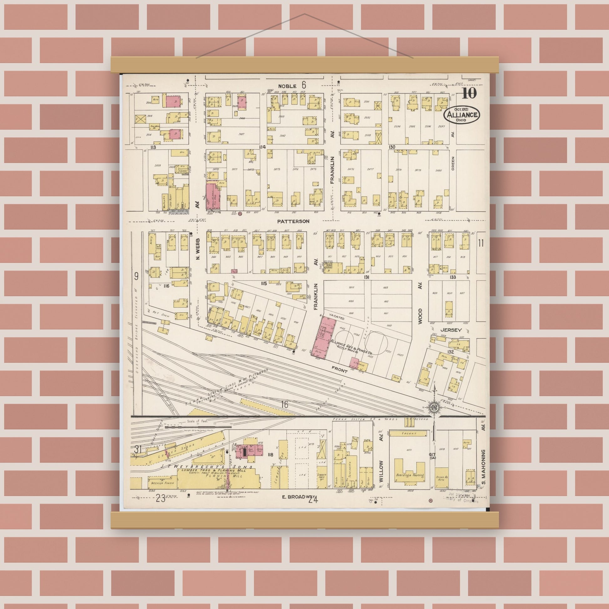 Old map wall art mockup — magnetic wood frame on brick wall — Sanborn Fire Insurance Map from Alliance, Stark County, Ohio (1921), Sheet #0010