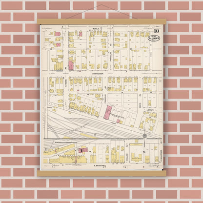Old map wall art mockup — magnetic wood frame on brick wall — Sanborn Fire Insurance Map from Alliance, Stark County, Ohio (1921), Sheet #0010