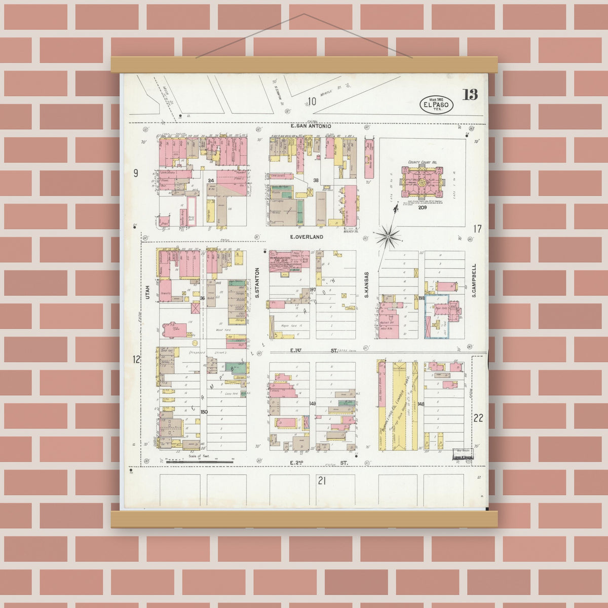 Old map wall art mockup — magnetic wood frame on brick wall — Sanborn Fire Insurance Map from El Paso, El Paso County, Texas (1902), Sheet #0013
