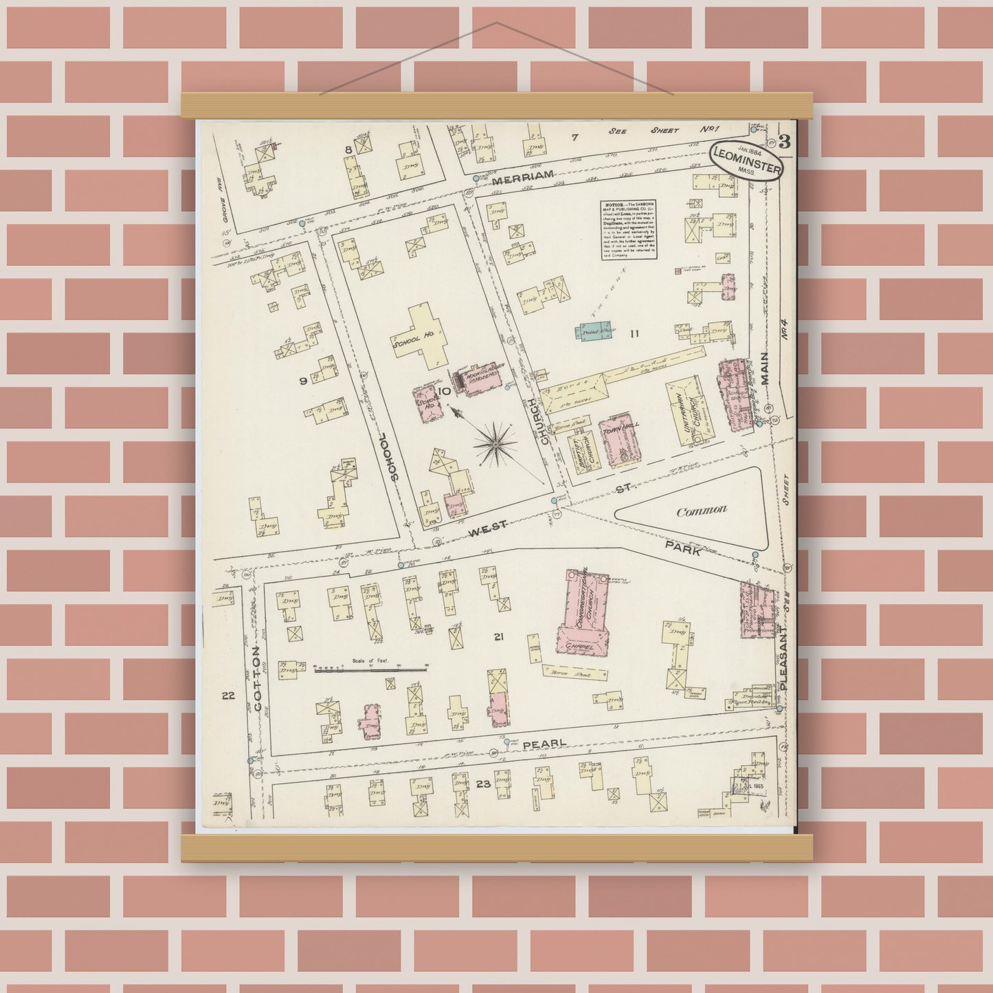 Old map wall art mockup — magnetic wood frame on brick wall — Sanborn Fire Insurance Map from Leominster, Worcester County, Massachusetts (1884), Sheet #0003
