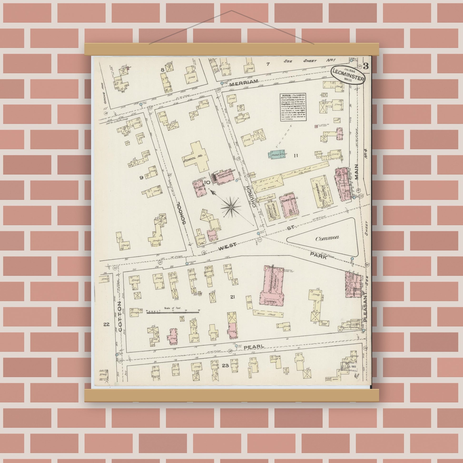 Old map wall art mockup — magnetic wood frame on brick wall — Sanborn Fire Insurance Map from Leominster, Worcester County, Massachusetts (1884), Sheet #0003