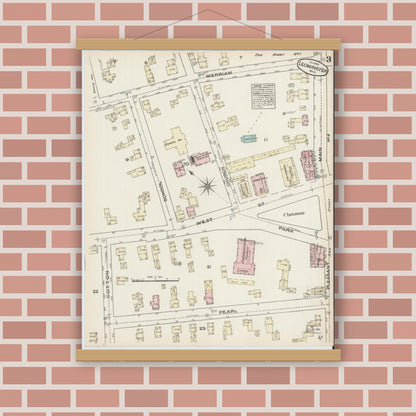 Old map wall art mockup — magnetic wood frame on brick wall — Sanborn Fire Insurance Map from Leominster, Worcester County, Massachusetts (1884), Sheet #0003
