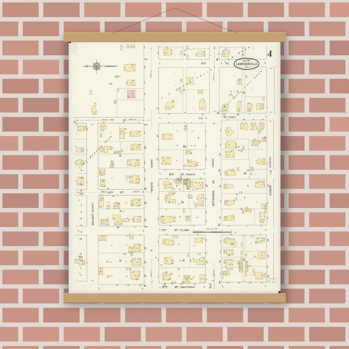 Old map wall art mockup — magnetic wood frame on brick wall — Sanborn Fire Insurance Map from Lawrenceville, Lawrence County, Illinois (1912), Sheet #0004