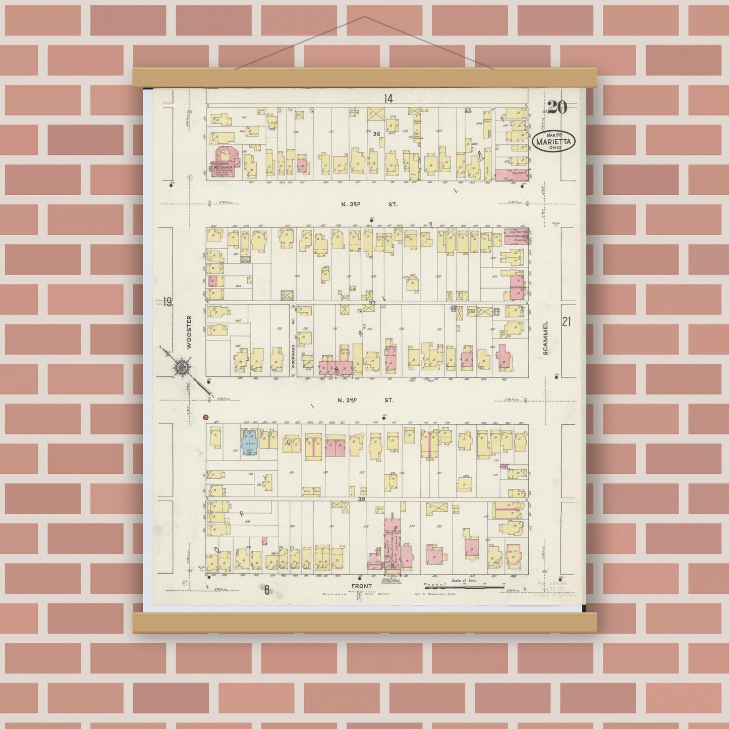 Old map wall art mockup — magnetic wood frame on brick wall — Sanborn Fire Insurance Map from Marietta, Washington County, Ohio (1915), Sheet #0020
