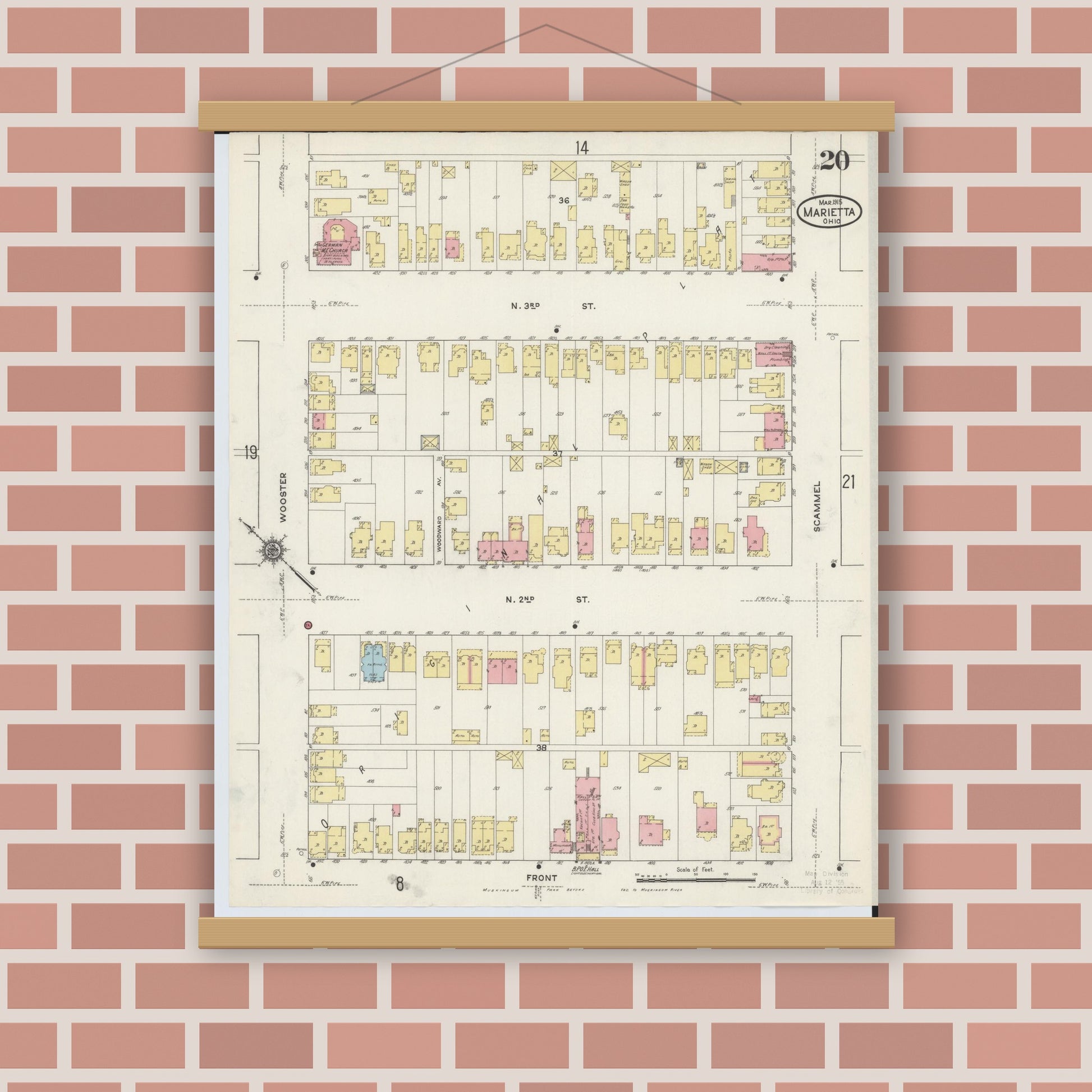 Old map wall art mockup — magnetic wood frame on brick wall — Sanborn Fire Insurance Map from Marietta, Washington County, Ohio (1915), Sheet #0020