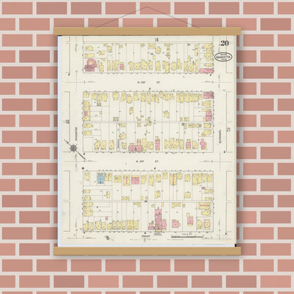Old map wall art mockup — magnetic wood frame on brick wall — Sanborn Fire Insurance Map from Marietta, Washington County, Ohio (1915), Sheet #0020